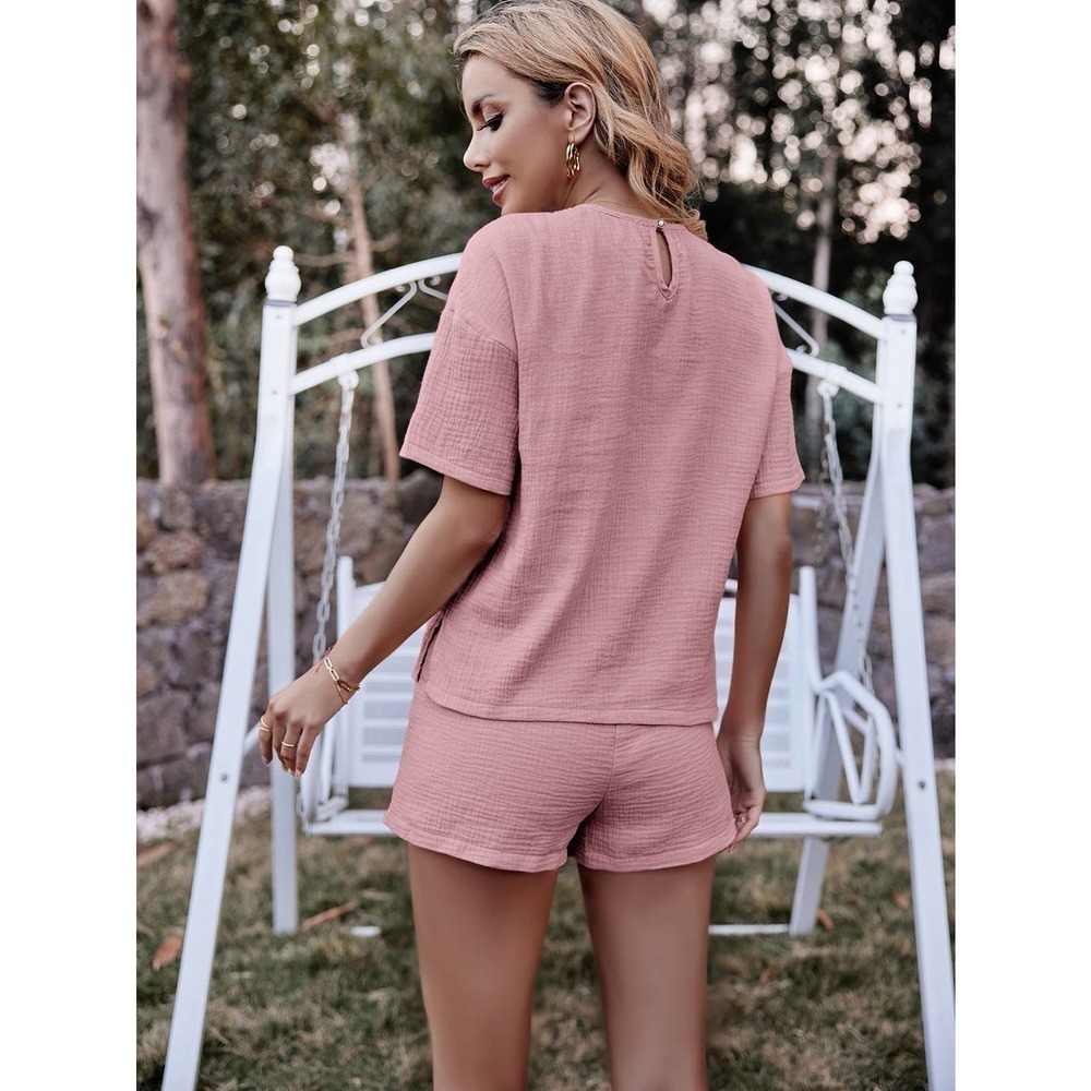 2 piece set: textured Pocket Patched Split Hem Top Shorts pink - Picture 2 of 11